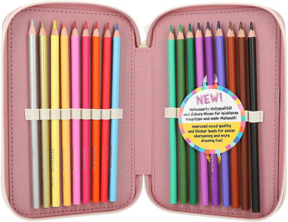Depesche 12584 TOPModel Cosy - Filled 3-Compartment Pencil Case, Alpaca Motif with Teddy Faux Fur and Colourful Tassels, Includes 18 Coloured Pencils, Ruler, Scissors and More, For Girls Aged 3+