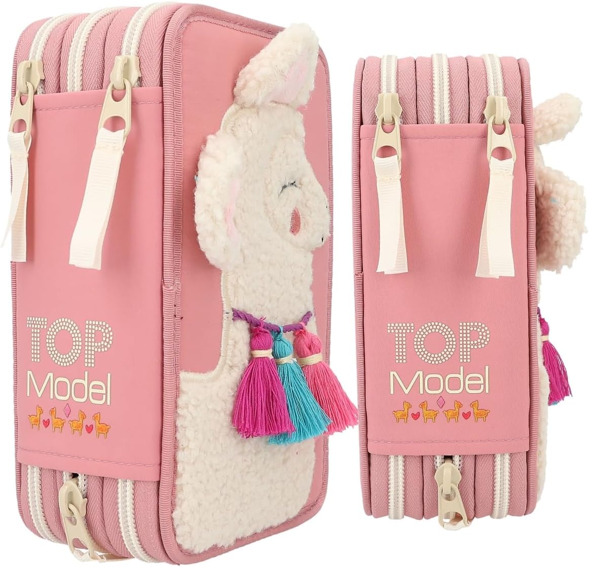 Depesche 12584 TOPModel Cosy - Filled 3-Compartment Pencil Case, Alpaca Motif with Teddy Faux Fur and Colourful Tassels, Includes 18 Coloured Pencils, Ruler, Scissors and More, For Girls Aged 3+