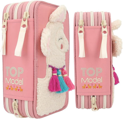 Depesche 12584 TOPModel Cosy - Filled 3-Compartment Pencil Case, Alpaca Motif with Teddy Faux Fur and Colourful Tassels, Includes 18 Coloured Pencils, Ruler, Scissors and More, For Girls Aged 3+