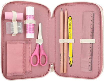 Depesche 12584 TOPModel Cosy - Filled 3-Compartment Pencil Case, Alpaca Motif with Teddy Faux Fur and Colourful Tassels, Includes 18 Coloured Pencils, Ruler, Scissors and More, For Girls Aged 3+