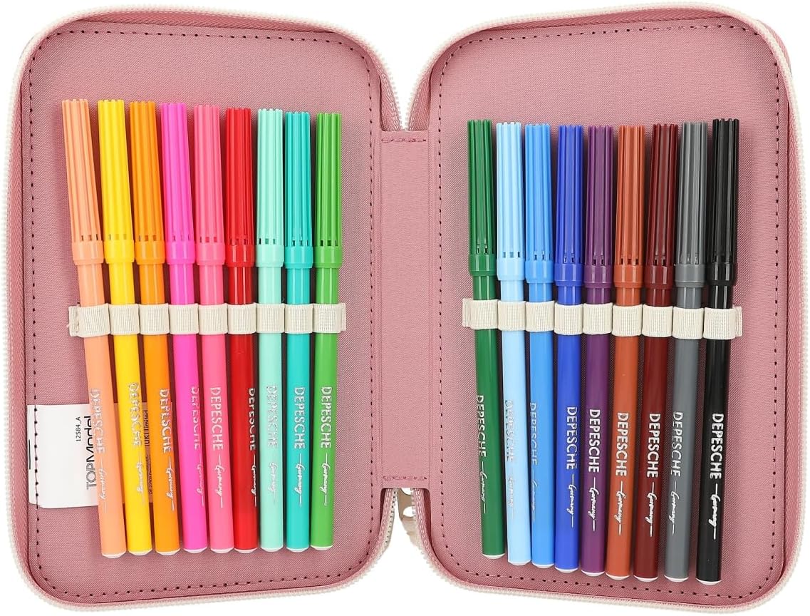 Depesche 12584 TOPModel Cosy - Filled 3-Compartment Pencil Case, Alpaca Motif with Teddy Faux Fur and Colourful Tassels, Includes 18 Coloured Pencils, Ruler, Scissors and More, For Girls Aged 3+