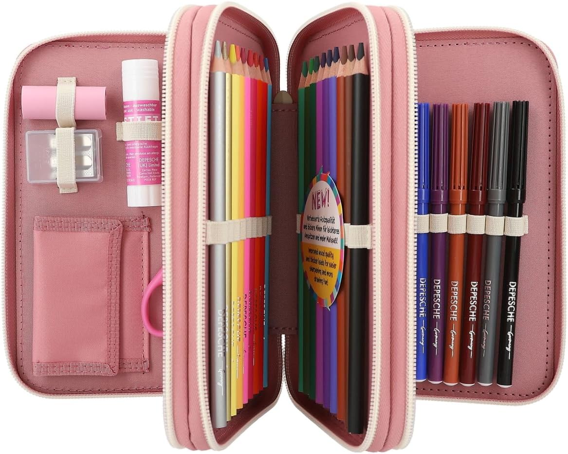 Depesche 12584 TOPModel Cosy - Filled 3-Compartment Pencil Case, Alpaca Motif with Teddy Faux Fur and Colourful Tassels, Includes 18 Coloured Pencils, Ruler, Scissors and More, For Girls Aged 3+
