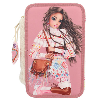 Depesche 12583 TOPModel Cosy - Filled 3-Compartment Pencil Case, Model Motif with Teddy Faux Fur, Pencil Case with Coloured Pencils, Ruler, Scissors and Much More