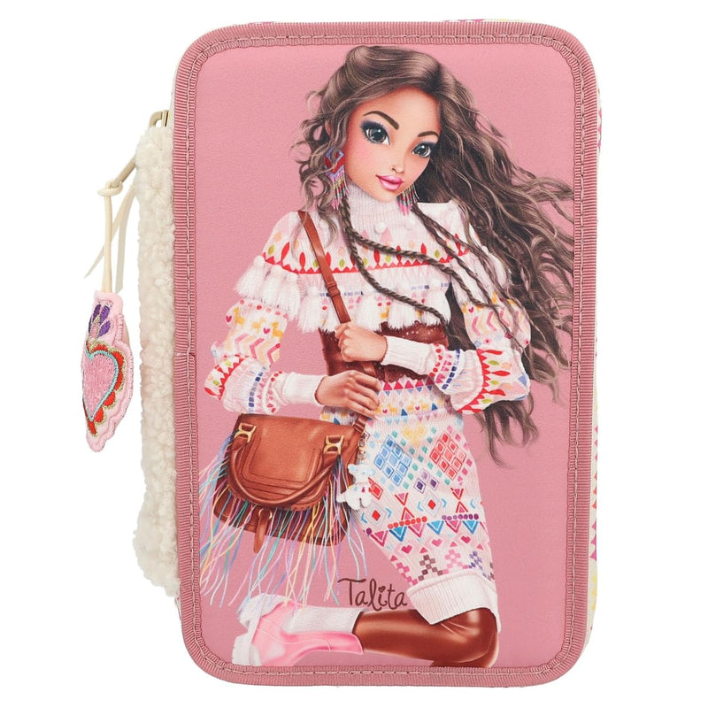 Depesche 12583 TOPModel Cosy - Filled 3-Compartment Pencil Case, Model Motif with Teddy Faux Fur, Pencil Case with Coloured Pencils, Ruler, Scissors and Much More