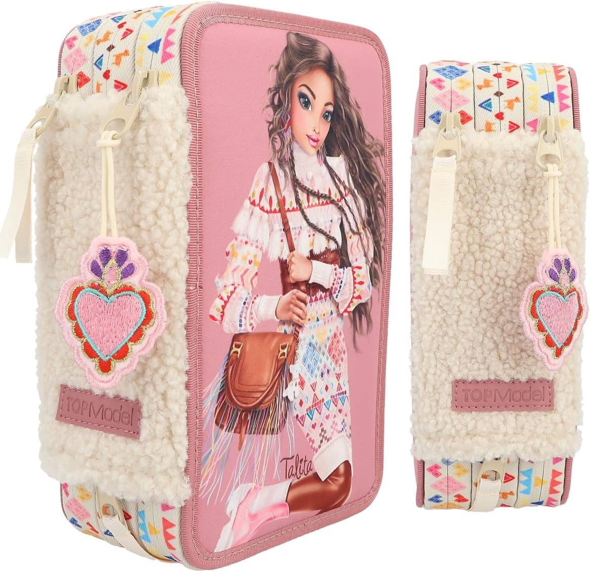 Depesche 12583 TOPModel Cosy - Filled 3-Compartment Pencil Case, Model Motif with Teddy Faux Fur, Pencil Case with Coloured Pencils, Ruler, Scissors and Much More