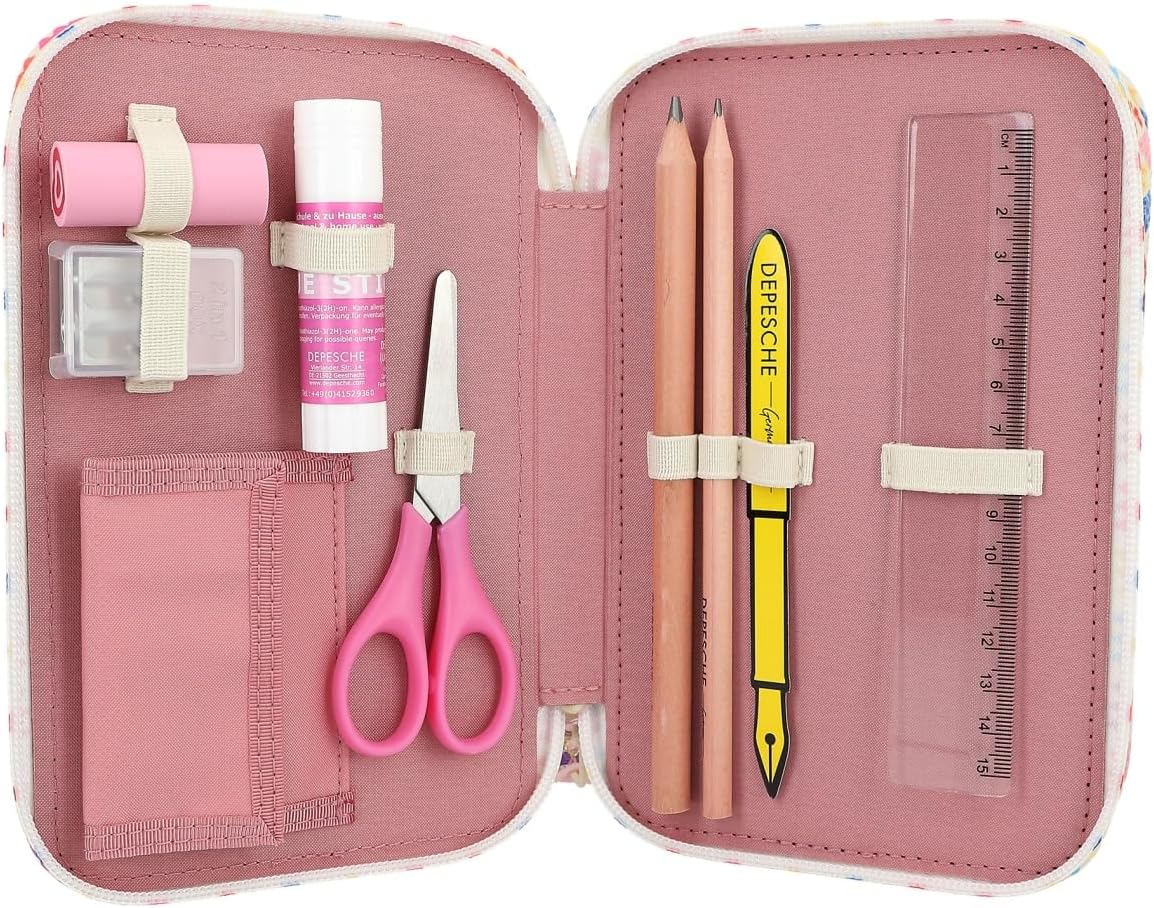 Depesche 12583 TOPModel Cosy - Filled 3-Compartment Pencil Case, Model Motif with Teddy Faux Fur, Pencil Case with Coloured Pencils, Ruler, Scissors and Much More