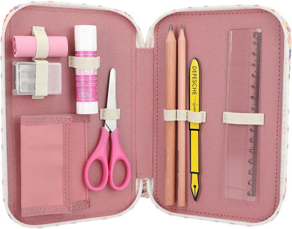 Depesche 12583 TOPModel Cosy - Filled 3-Compartment Pencil Case, Model Motif with Teddy Faux Fur, Pencil Case with Coloured Pencils, Ruler, Scissors and Much More