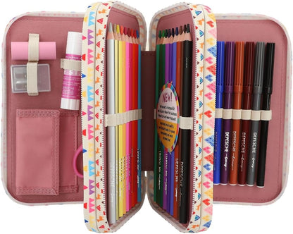 Depesche 12583 TOPModel Cosy - Filled 3-Compartment Pencil Case, Model Motif with Teddy Faux Fur, Pencil Case with Coloured Pencils, Ruler, Scissors and Much More