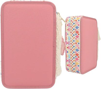 Depesche 12583 TOPModel Cosy - Filled 3-Compartment Pencil Case, Model Motif with Teddy Faux Fur, Pencil Case with Coloured Pencils, Ruler, Scissors and Much More