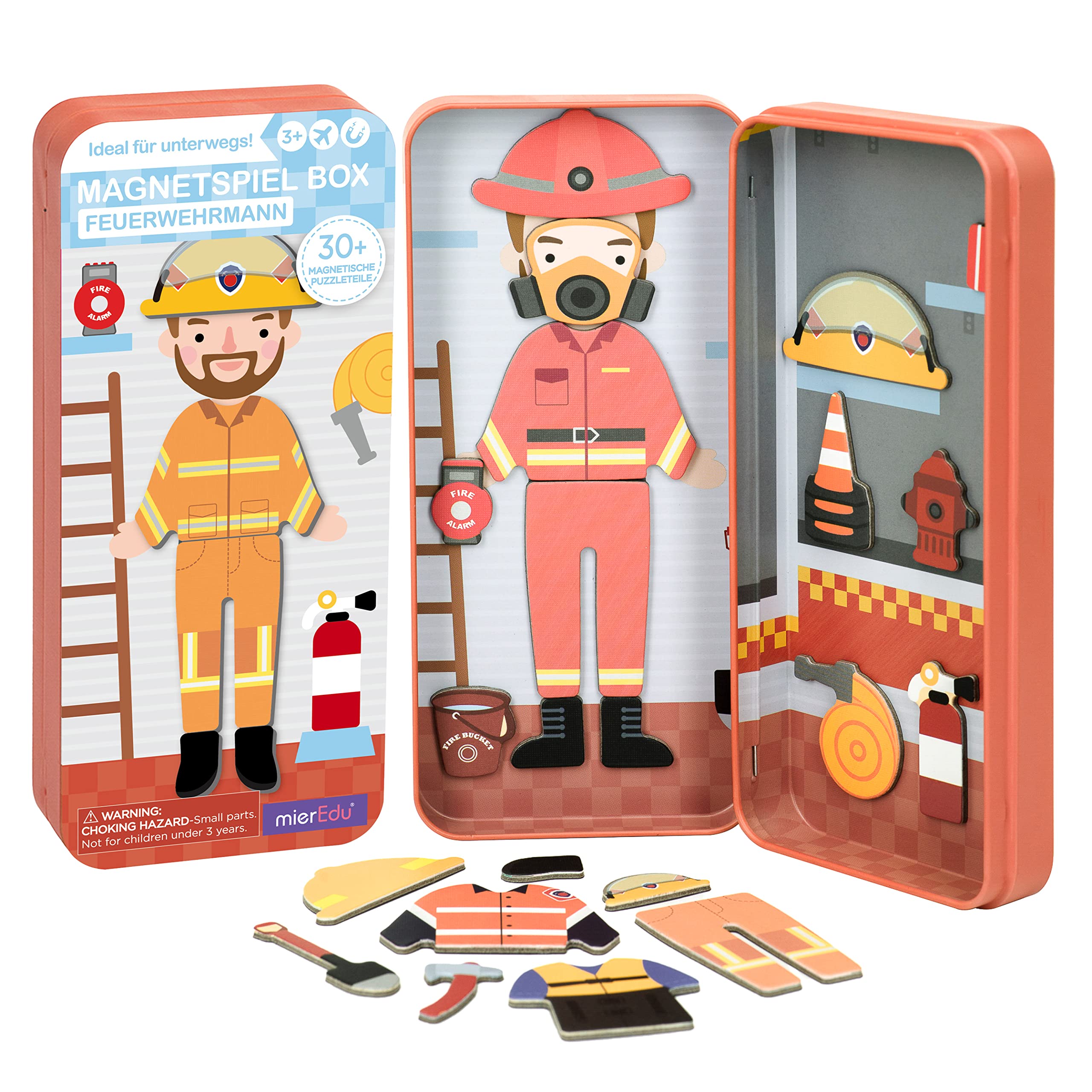 mierEdu Magnetic Game Box Fireman for Dressing – Promotes Motor Skills + Fantasy, Ideal for Home & Travel Game for Children, Fire Brigade Kit from 3 Years, Travel Games Children from 3 Years