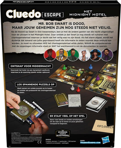 Hasbro Gaming Cluedo Escape: Das Midnight Hotel Brettspiel Einmalige Escape Room Spiele für 1-6 Spieler Kooperative Detektivspiele (niederländische Version)