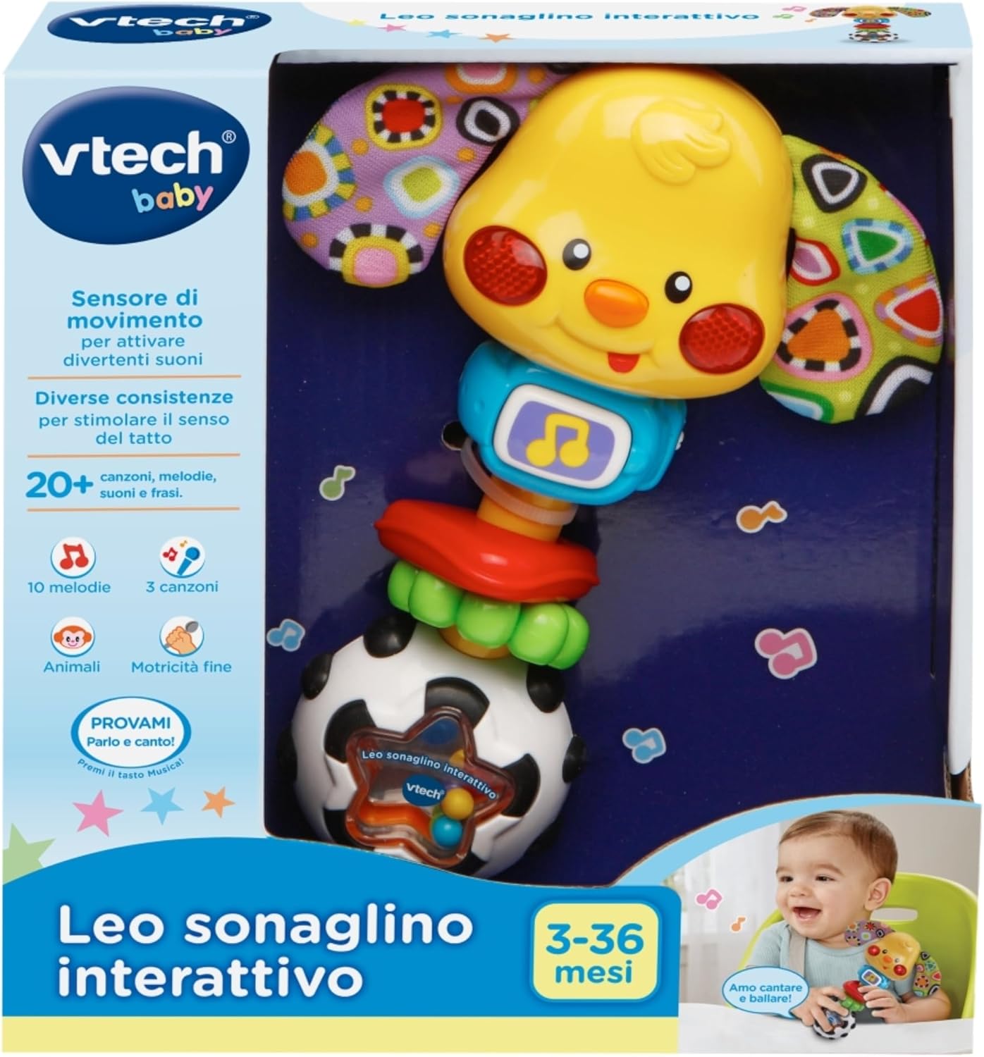VTech Leo Sonaglino Interattivo, Sonaglio Neonato con Attivazione a Pulsante Luminoso, Gioco Neonato con 15 Melodie e 35 Frasi, Spegnimento Automatico, Lingua Italiana, Batterie Incluse, 3-36 Mesi