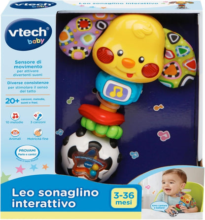 VTech Leo Sonaglino Interattivo, Sonaglio Neonato con Attivazione a Pulsante Luminoso, Gioco Neonato con 15 Melodie e 35 Frasi, Spegnimento Automatico, Lingua Italiana, Batterie Incluse, 3-36 Mesi