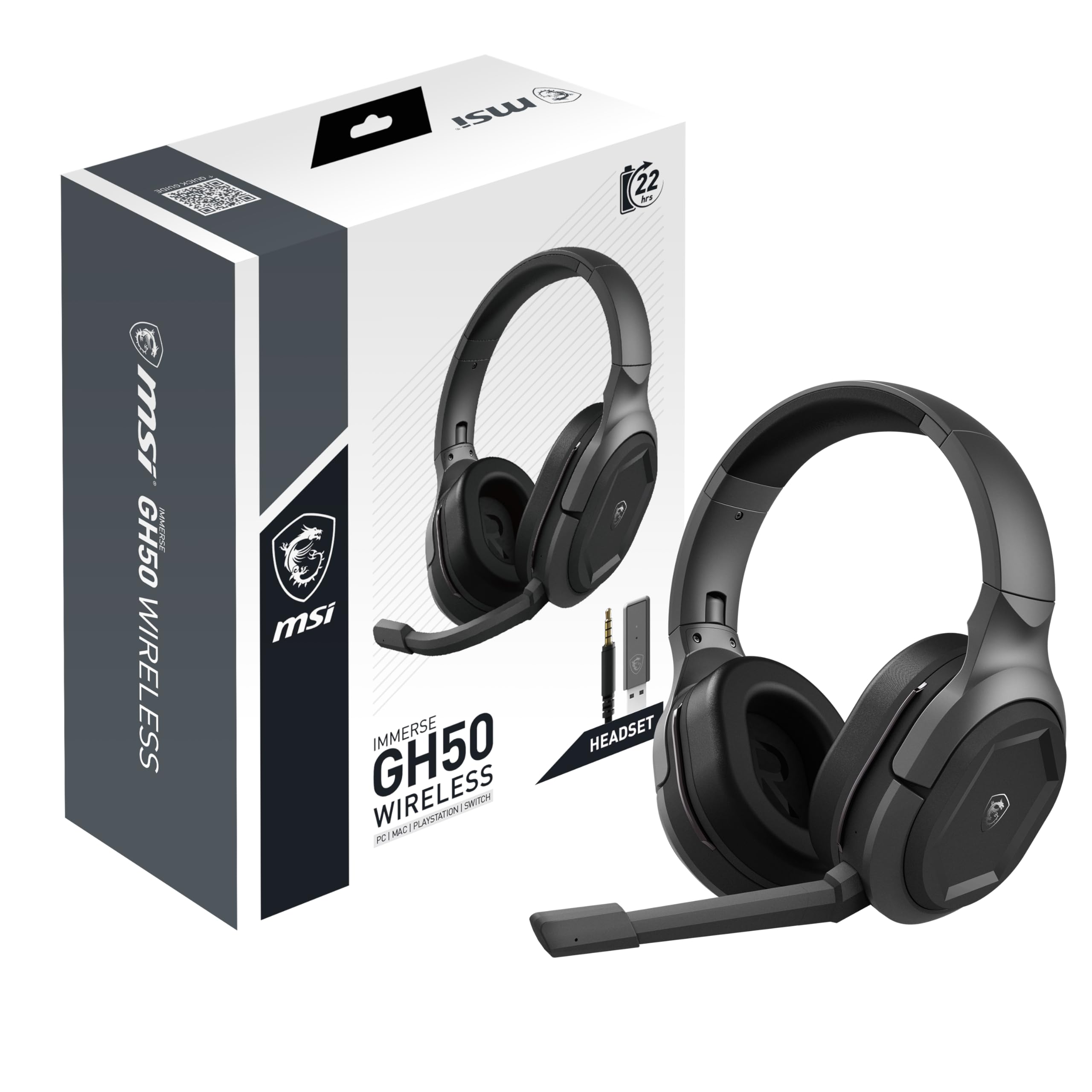 MSI IMMERSE GH50 WIRELESS GAMING HEADSET - 2.4GHz Ultra-Low Latency, 50mm Neodymium Drivers, Detachable Mic, Lightweight & Foldable Design, Up to 22-Hour Battery, USB Transmitter - Wired/Wireless