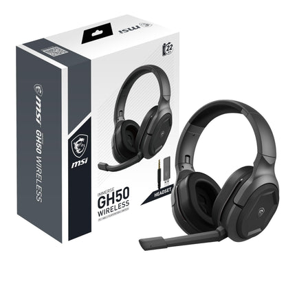 MSI IMMERSE GH50 WIRELESS GAMING HEADSET - 2.4GHz Ultra-Low Latency, 50mm Neodymium Drivers, Detachable Mic, Lightweight & Foldable Design, Up to 22-Hour Battery, USB Transmitter - Wired/Wireless