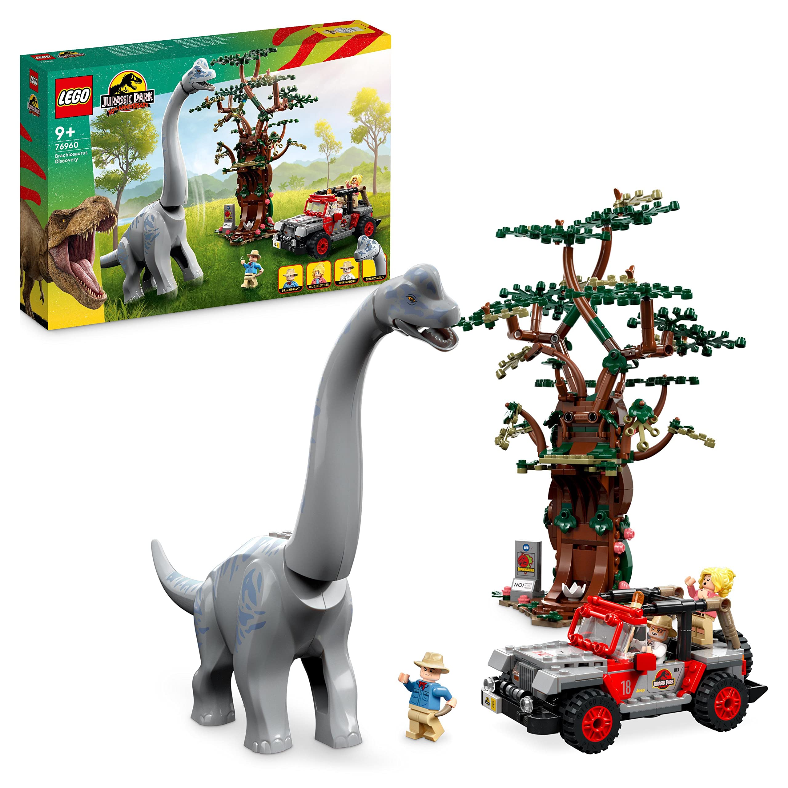 LEGO 76960 Jurassic Park Brachiosaurus Discovery Dinosaur Toy Set with Large Dino Figure, Tree and Buildable Jeep Wrangler Car, Gift for Boys, Girls, Kids, 30th Anniversary Collection Single