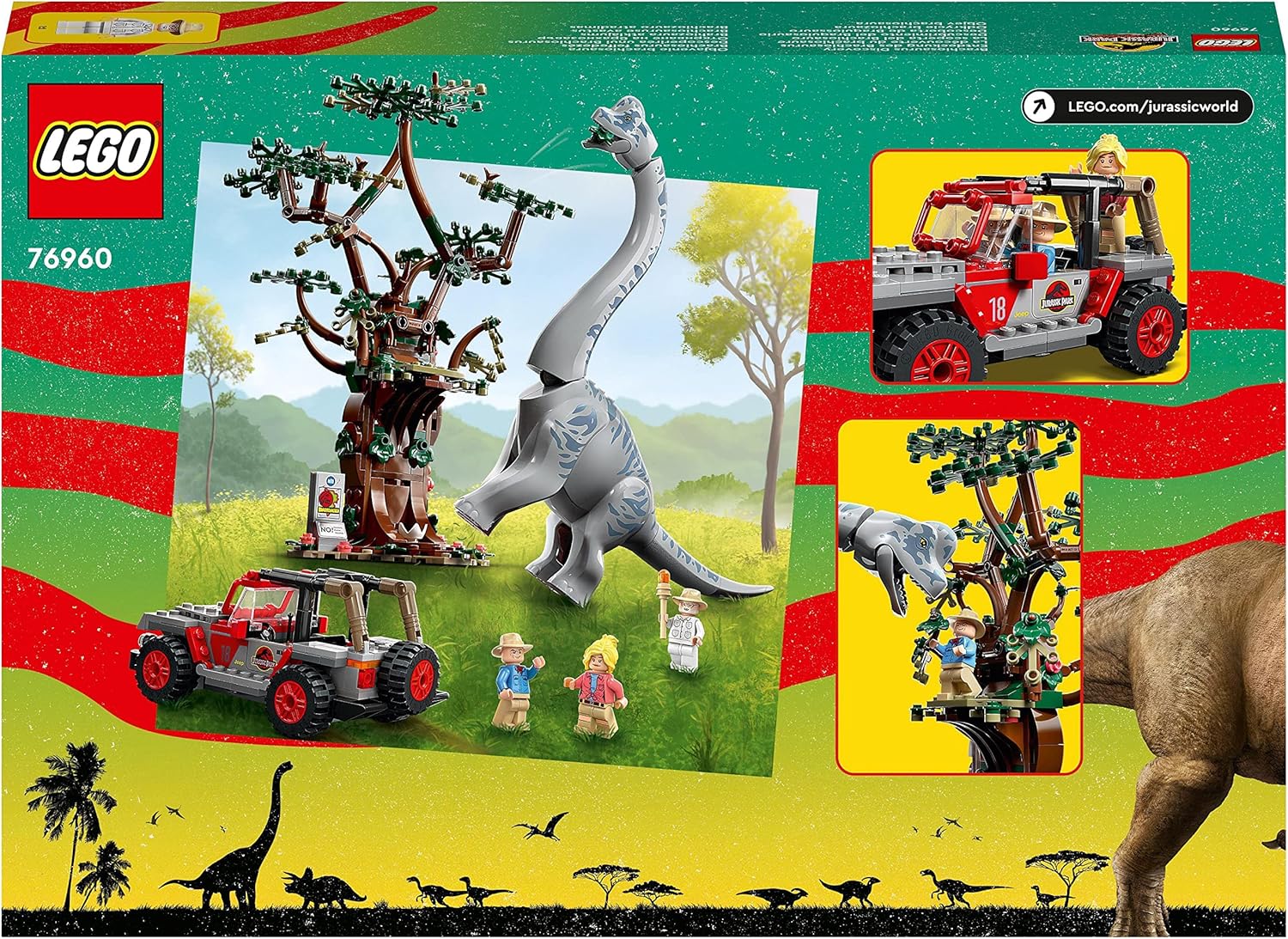 LEGO 76960 Jurassic Park Brachiosaurus Discovery Dinosaur Toy Set with Large Dino Figure, Tree and Buildable Jeep Wrangler Car, Gift for Boys, Girls, Kids, 30th Anniversary Collection Single