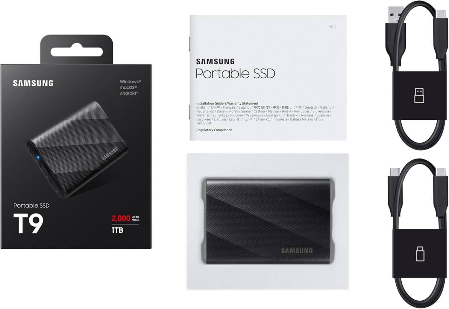 Samsung T9 Portable SSD 1TB, Up to 2,000MB/s, USB 3.2 Gen 2x2 External Solid State Drive, Up to 3 m drop resistant, for Creative professionals, YouTubers, Content creators, Mac compatible, MU-PG1T0B