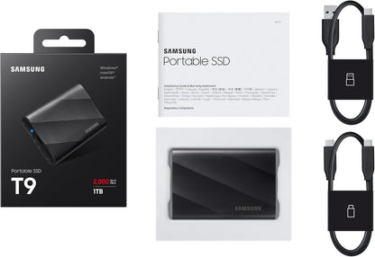 Samsung T9 Portable SSD 1TB, Up to 2,000MB/s, USB 3.2 Gen 2x2 External Solid State Drive, Up to 3 m drop resistant, for Creative professionals, YouTubers, Content creators, Mac compatible, MU-PG1T0B
