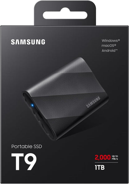 Samsung T9 Portable SSD 1TB, Up to 2,000MB/s, USB 3.2 Gen 2x2 External Solid State Drive, Up to 3 m drop resistant, for Creative professionals, YouTubers, Content creators, Mac compatible, MU-PG1T0B