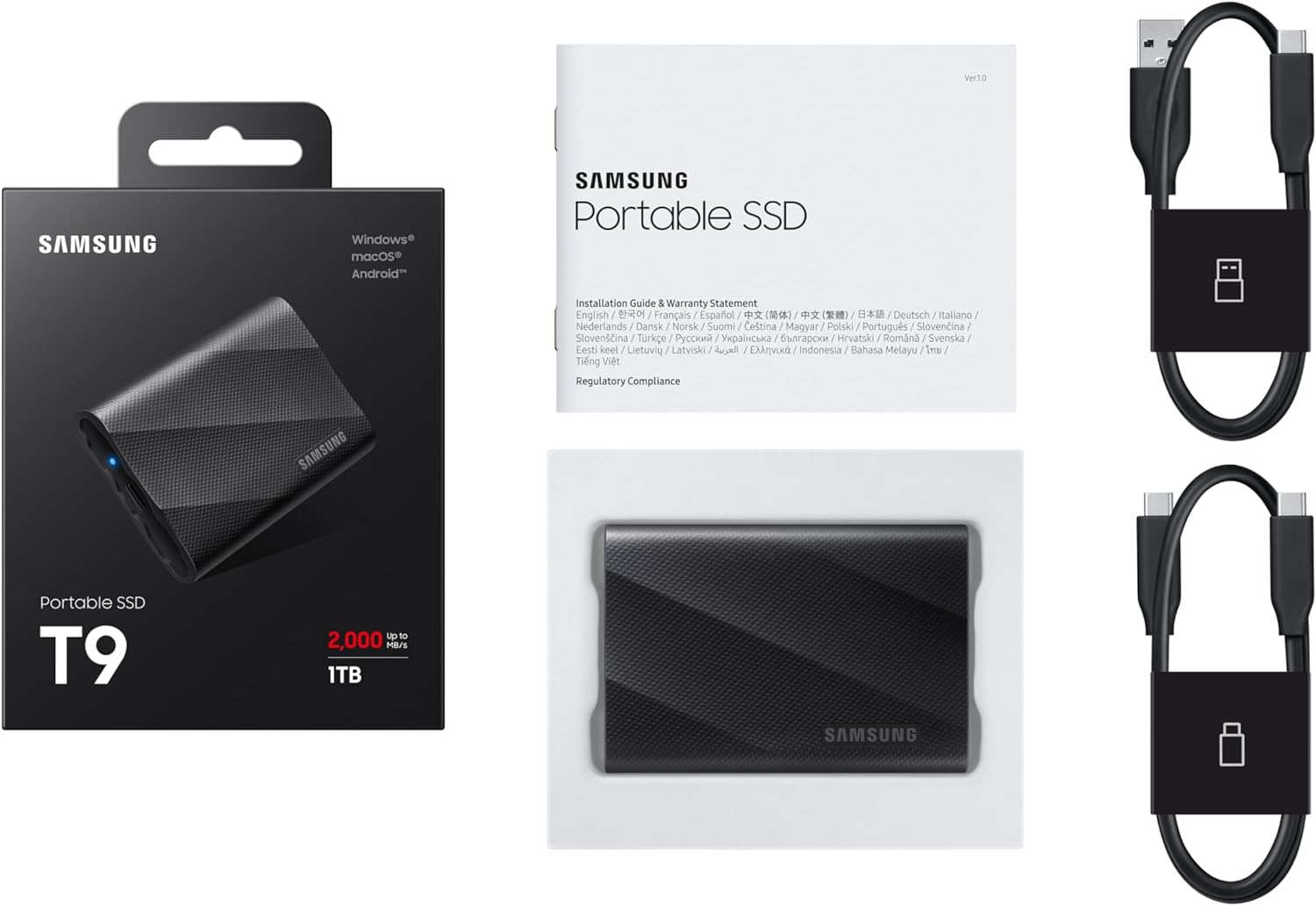 Samsung T9 Portable SSD 1TB, Up to 2,000MB/s, USB 3.2 Gen 2x2 External Solid State Drive, Up to 3 m drop resistant, for Creative professionals, YouTubers, Content creators, Mac compatible, MU-PG1T0B