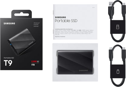 Samsung T9 Portable SSD 1TB, Up to 2,000MB/s, USB 3.2 Gen 2x2 External Solid State Drive, Up to 3 m drop resistant, for Creative professionals, YouTubers, Content creators, Mac compatible, MU-PG1T0B