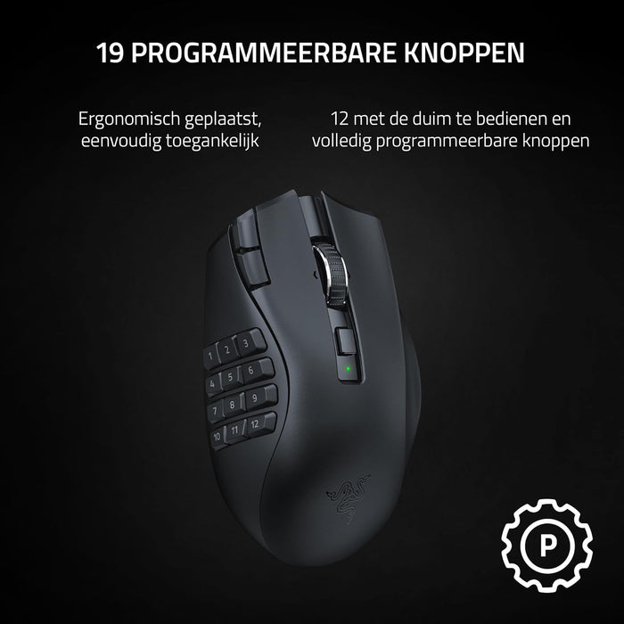 Razer Naga V2 HyperSpeed - Ergonomic Wireless MMO Gaming Mouse (with 19 Programmable Buttons, HyperSpeed Wireless (2.4 GHz), Up to 250 Hours of Battery Life, Focus Pro 30K Optical Sensor) Black