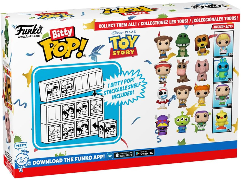 Funko Bitty Pop! Toy Story - Forky 4PK - Forky, Woody, Gabby Gabby and A Surprise Mystery Mini Figure - 0.9 Inch (2.2 Cm) Collectable - Stackable Display Shelf Included - Gift Idea - Cake Topper