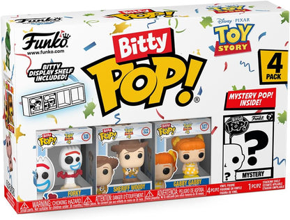 Funko Bitty Pop! Toy Story - Forky 4PK - Forky, Woody, Gabby Gabby and A Surprise Mystery Mini Figure - 0.9 Inch (2.2 Cm) Collectable - Stackable Display Shelf Included - Gift Idea - Cake Topper