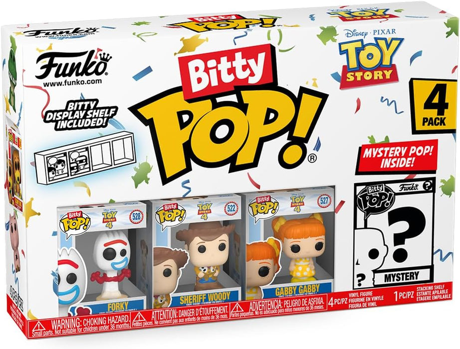 Funko Bitty Pop! Toy Story - Forky 4PK - Forky, Woody, Gabby Gabby and A Surprise Mystery Mini Figure - 0.9 Inch (2.2 Cm) Collectable - Stackable Display Shelf Included - Gift Idea - Cake Topper