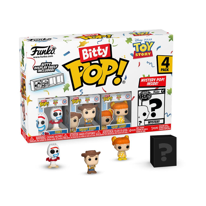 Funko Bitty Pop! Toy Story - Forky 4PK - Forky, Woody, Gabby Gabby and A Surprise Mystery Mini Figure - 0.9 Inch (2.2 Cm) Collectable - Stackable Display Shelf Included - Gift Idea - Cake Topper