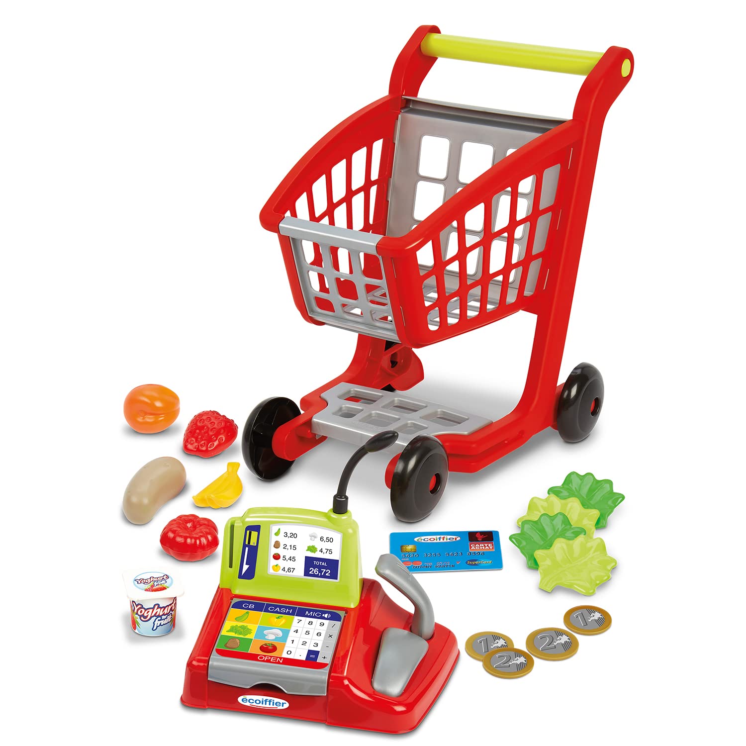 Ecoiffier Toys - 1219 - Supermarket Trolley for Children + Register + 100% Chef Accessories - From 18 Months - Made in France