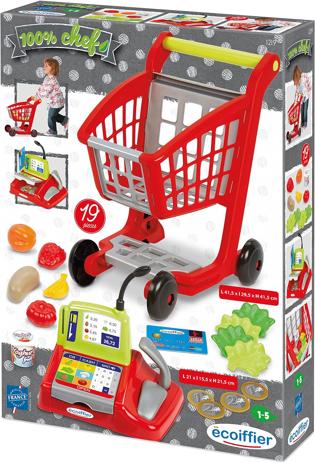 Ecoiffier Toys - 1219 - Supermarket Trolley for Children + Register + 100% Chef Accessories - From 18 Months - Made in France