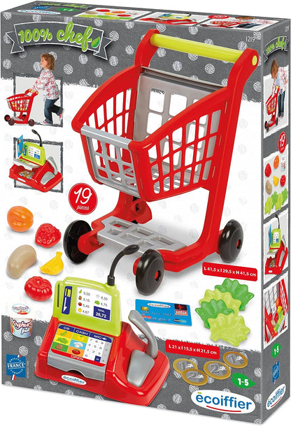 Ecoiffier Toys - 1219 - Supermarket Trolley for Children + Register + 100% Chef Accessories - From 18 Months - Made in France