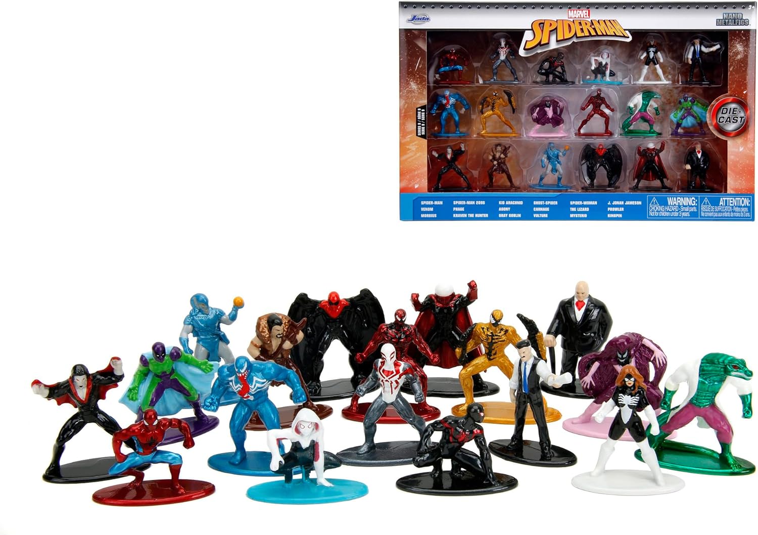 Jada Toys Marvel Spider-Man Figures (Pack of 18) - Multi Set Nano Collectible Metal Figures Including Spider-Man, Spider-Woman & Venom, for Fans and Collectors from 3 Years, Each 4 cm