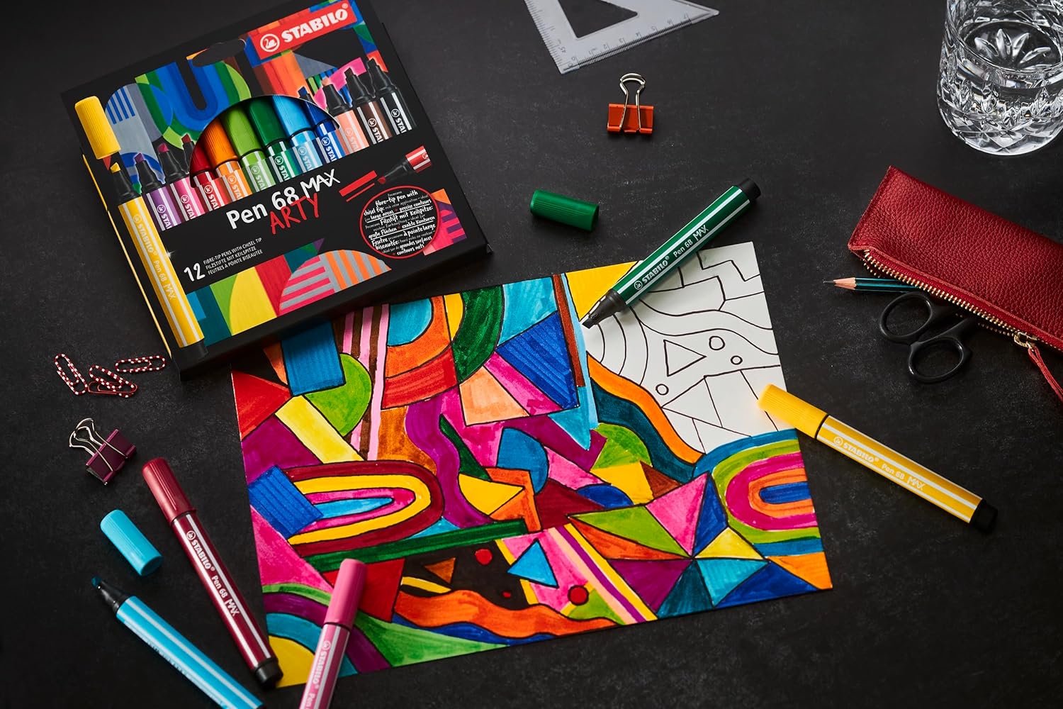 Premium Viltstift Met Dikke Beitelpunt - STABILO Pen 68 MAX - ARTY - Metalen Etui Met 20 Stuks - Met 20 Verschillende Kleuren