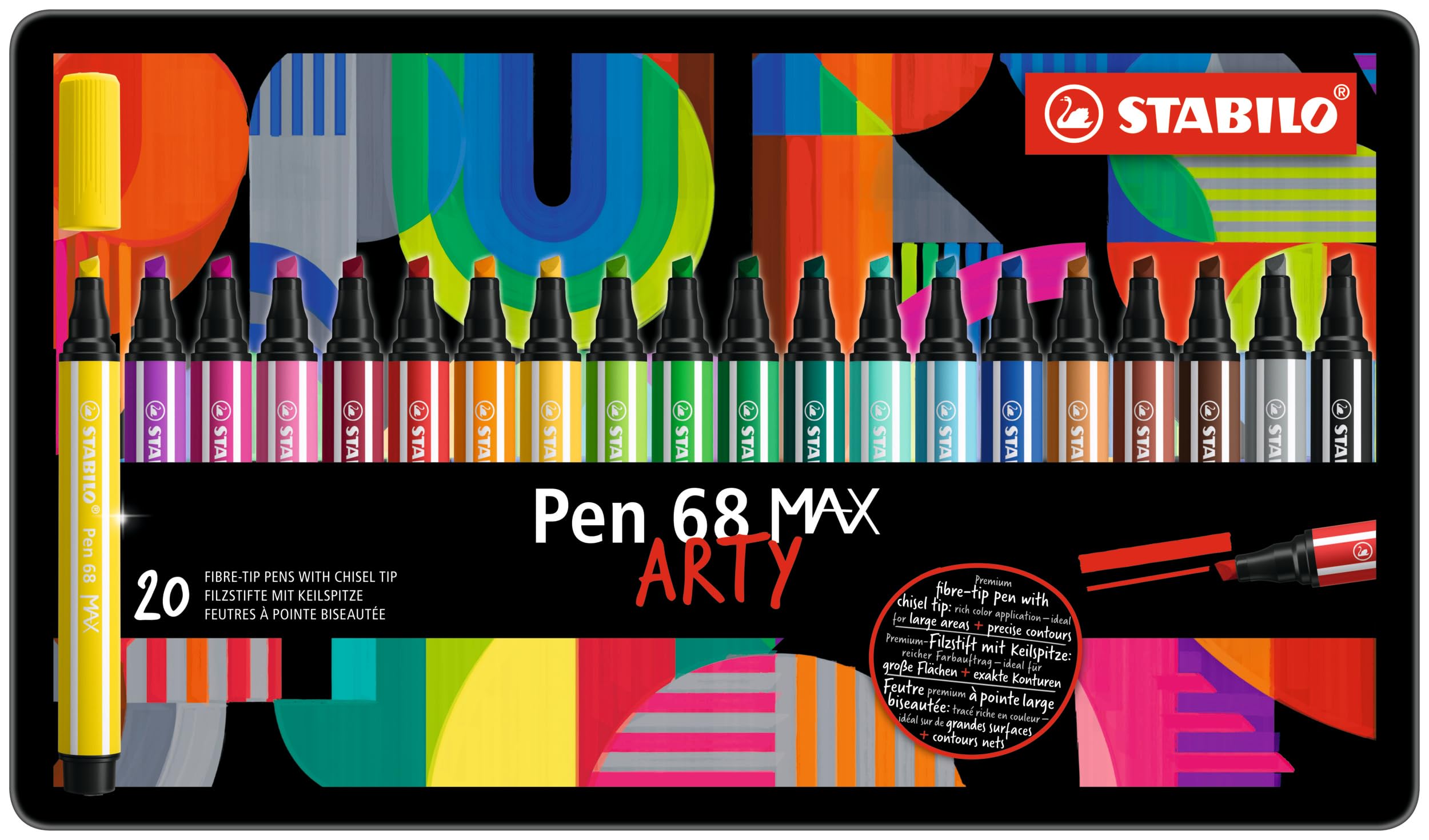 Premium Viltstift Met Dikke Beitelpunt - STABILO Pen 68 MAX - ARTY - Metalen Etui Met 20 Stuks - Met 20 Verschillende Kleuren