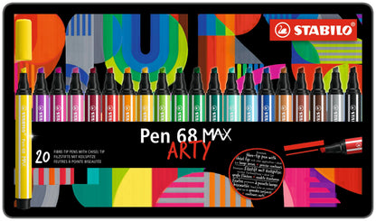 Premium Viltstift Met Dikke Beitelpunt - STABILO Pen 68 MAX - ARTY - Metalen Etui Met 20 Stuks - Met 20 Verschillende Kleuren