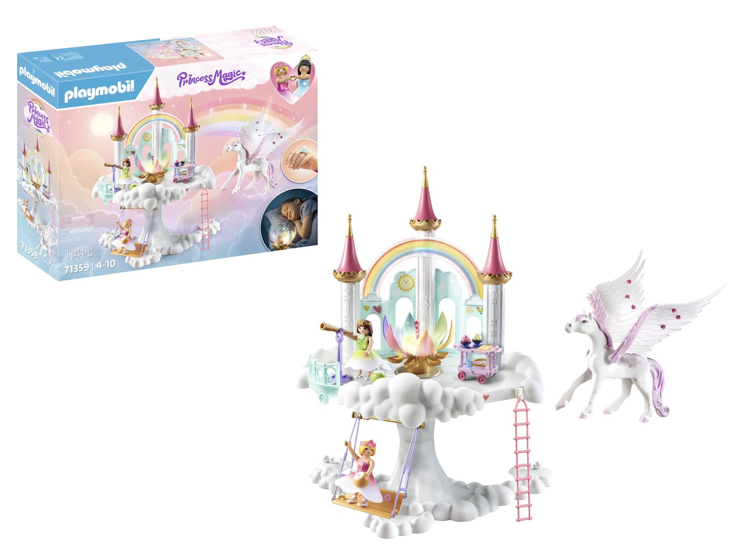 Playmobil 71359 Princess Magic: Rainbow Castle in the Clouds, a fairy-tale magical world with a glowing rainbow blossom, pegasus, fun imaginative role-play, playsets suitable for children ages 4+
