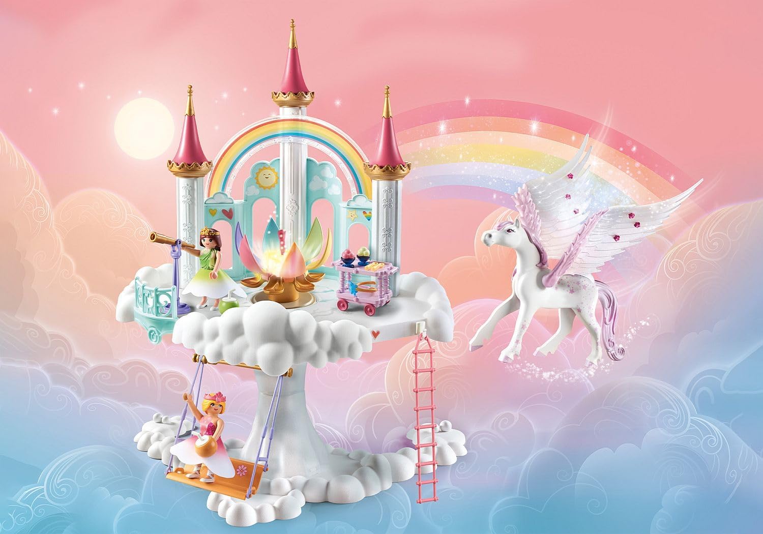 Playmobil 71359 Princess Magic: Rainbow Castle in the Clouds, a fairy-tale magical world with a glowing rainbow blossom, pegasus, fun imaginative role-play, playsets suitable for children ages 4+