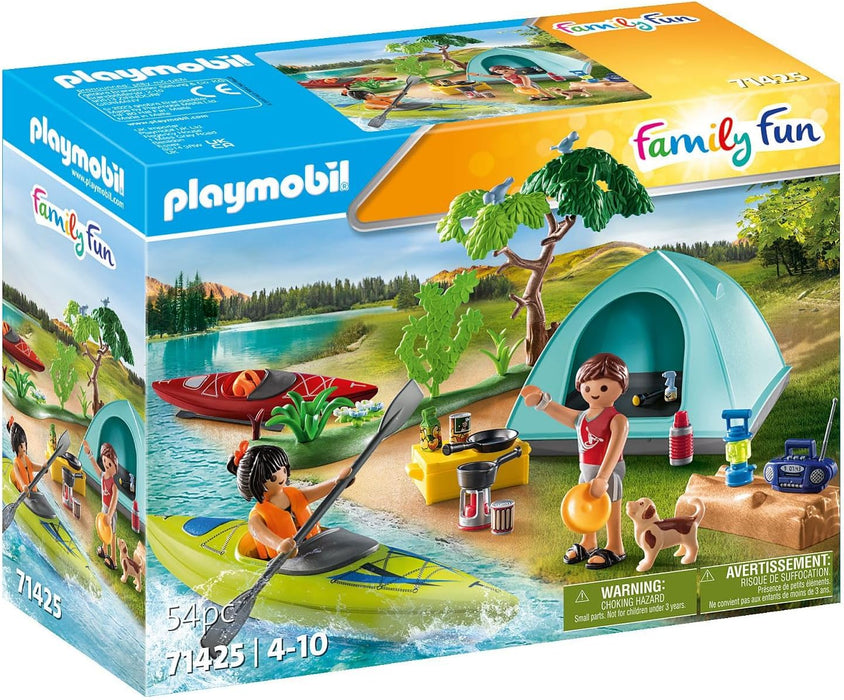PLAYMOBIL Family Fun 71425 Zelten, Camping, aufregendes Naturabenteuer am Zeltplatz mit Kanufahren und Lagerfeuer, gemeinsamer Urlaub im Freien, Spielzeug für Kinder ab 4 Jahren