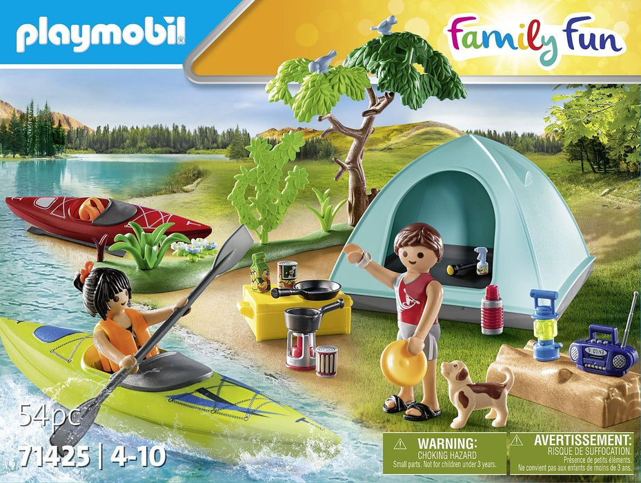 PLAYMOBIL Family Fun 71425 Zelten, Camping, aufregendes Naturabenteuer am Zeltplatz mit Kanufahren und Lagerfeuer, gemeinsamer Urlaub im Freien, Spielzeug für Kinder ab 4 Jahren