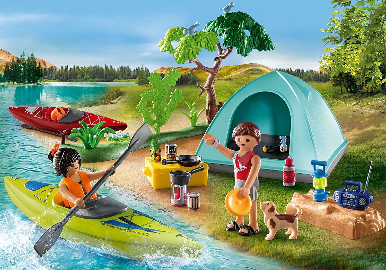 PLAYMOBIL Family Fun 71425 Zelten, Camping, aufregendes Naturabenteuer am Zeltplatz mit Kanufahren und Lagerfeuer, gemeinsamer Urlaub im Freien, Spielzeug für Kinder ab 4 Jahren