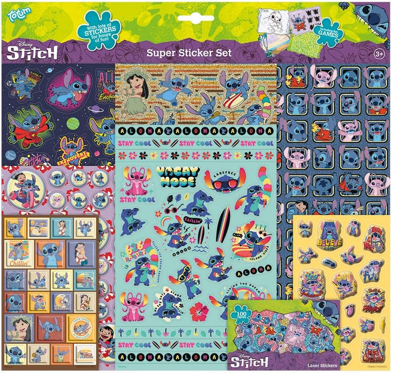 TM ESSENTIALS Stitch XL Super Sticker Set, XXL Sticker Set for Boys, Laser, Glitter and 3D Puffy Stickers, Various Sizes and Colours, Ideal for Game Afternoons and Birthdays