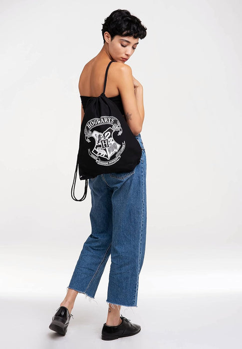 Logoshirt®️ Harry Potter - Hogwarts Logo (White) I Printed Gym Bag - Fabric Backpack 100% Cotton I AZO-free I Black I Original Licensed Design