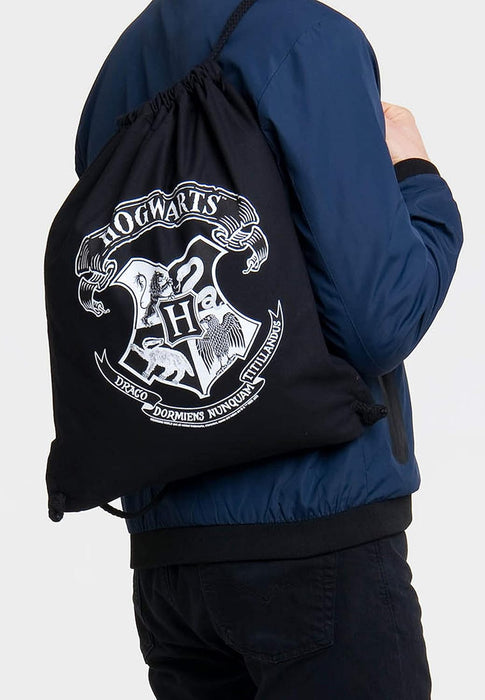Logoshirt®️ Harry Potter - Hogwarts Logo (White) I Printed Gym Bag - Fabric Backpack 100% Cotton I AZO-free I Black I Original Licensed Design