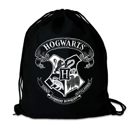 Logoshirt®️ Harry Potter - Hogwarts Logo (White) I Printed Gym Bag - Fabric Backpack 100% Cotton I AZO-free I Black I Original Licensed Design