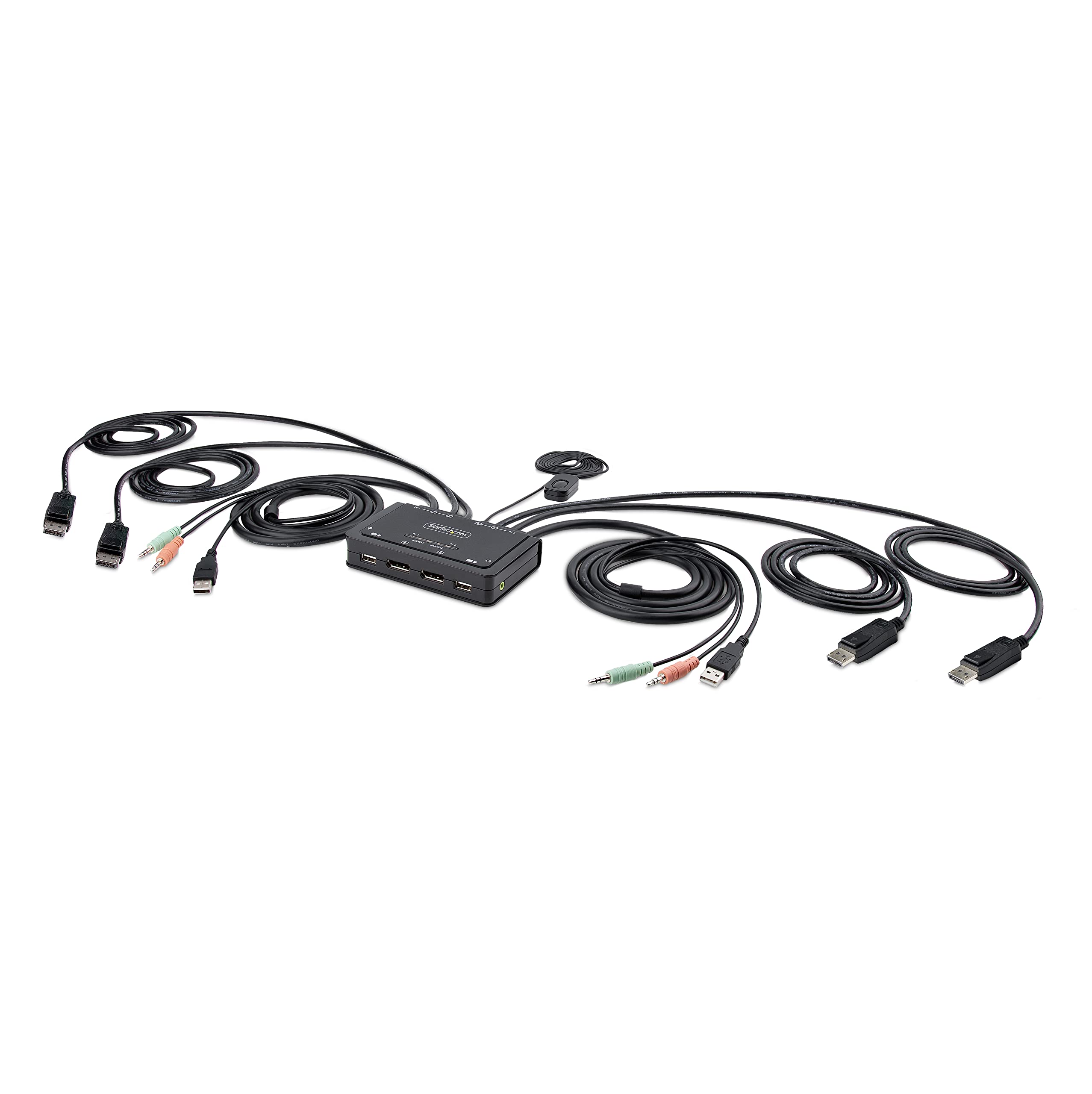 StarTech.com 2-Port Dual-Monitor DisplayPort Cable KVM Switch, 4K 60Hz, Compact KVM with 5ft/1.5m USB-A/DisplayPort/Audio Integrated Cables, Bus Powered, Remote/Hotkey Switching (C2-DD46-UA2-CBL-KVM