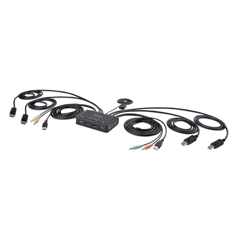 StarTech.com 2-Port Dual-Monitor DisplayPort Cable KVM Switch, 4K 60Hz, Compact KVM with 5ft/1.5m USB-A/DisplayPort/Audio Integrated Cables, Bus Powered, Remote/Hotkey Switching (C2-DD46-UA2-CBL-KVM