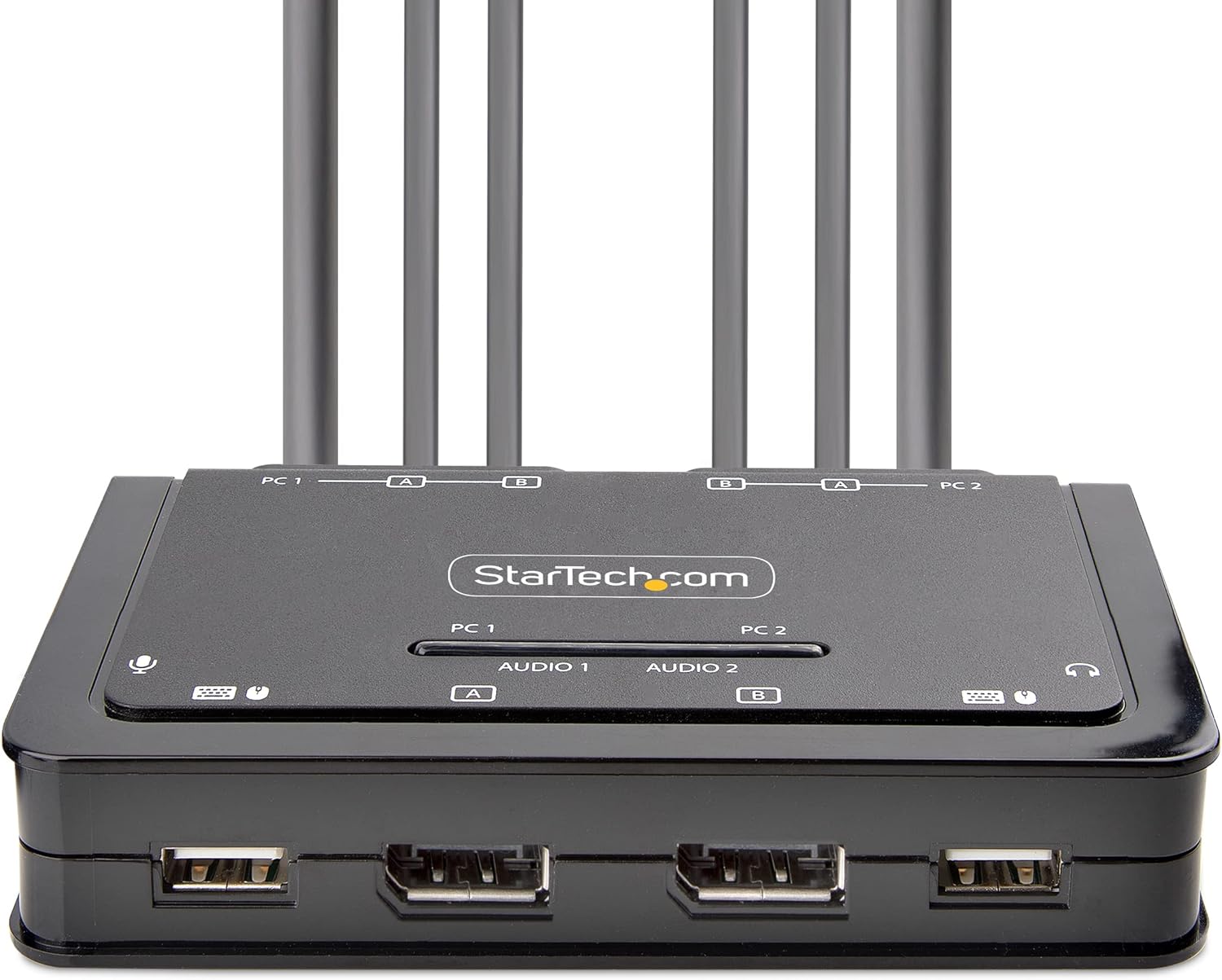 StarTech.com 2-Port Dual-Monitor DisplayPort Cable KVM Switch, 4K 60Hz, Compact KVM with 5ft/1.5m USB-A/DisplayPort/Audio Integrated Cables, Bus Powered, Remote/Hotkey Switching (C2-DD46-UA2-CBL-KVM